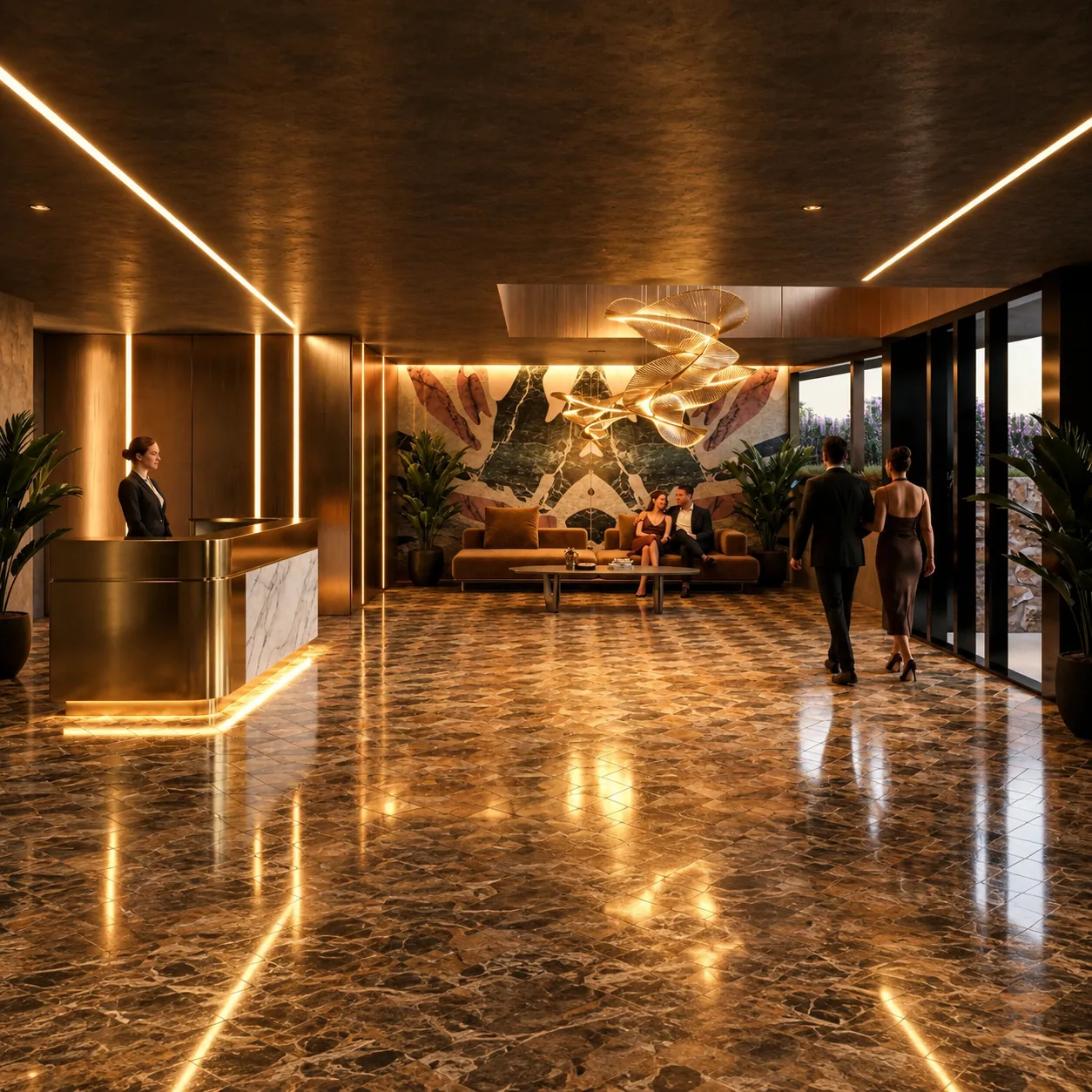 Lobby principal con mármol y luz cálida